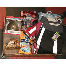 BOX OF ASSORTED DOG TREATS AND ACCESSORIES