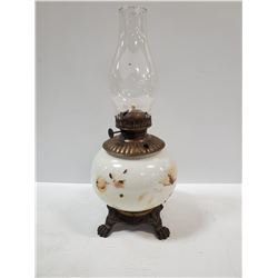 ANTIQUE OIL LAMP WITH CAST IRON BASE 17" TALL
