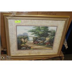 25" X 31" GOLD FRAMED & GLASS GARDEN SCENERY