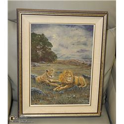 LION SCENE OIL ON CANVAS SIGNED B MILLER 17" X 21"