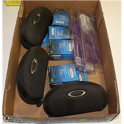 BOX WITH OAKLEY CASES & RELAY MODULES, ETC