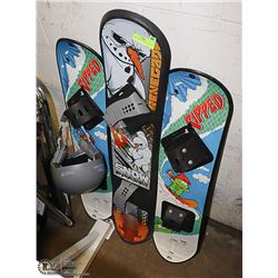 3 KIDS SNOW BOARDS & 1 HELMET
