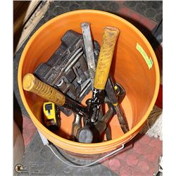PAIL WITH ASSORTED HAMMERS AND MORE
