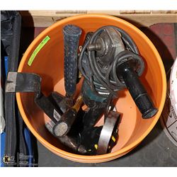 PAIL WITH ELECTRIC GRINDER AND MORE TOOLS