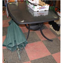 PATIO FURNITURE- TABLE, CHAIRS, UMBRELLA  AND
