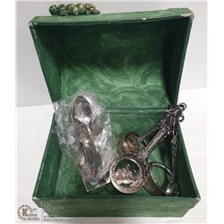 GREEN DCOR CHEST WITH SILVER PLATE SPOONS,