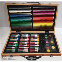 LARGE WOODEN BOX OF COLORED PENCILS, CRAYONS