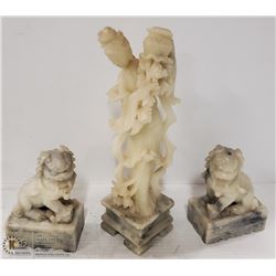 PAIR OF ALABASTER FOO DOGS WITH LADY FIGURINE