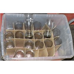 CLEAR BIN WITH 18 SMITHWICKS BEER GLASSES