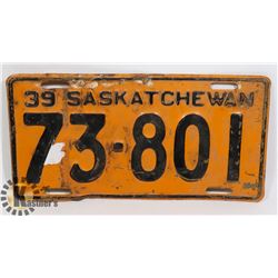 1939 SASKATCHEWAN LICENSE PLATE