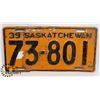 Image 1 : 1939 SASKATCHEWAN LICENSE PLATE