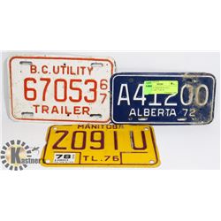 3 VARIOUS TRAILER PLATES - VINTAGE 1967, '72 & '76