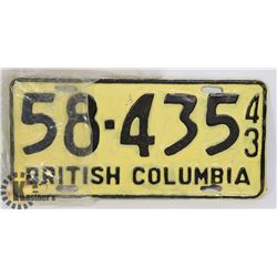 1943 BRITISH COLUMBIA LICENSE PLATE