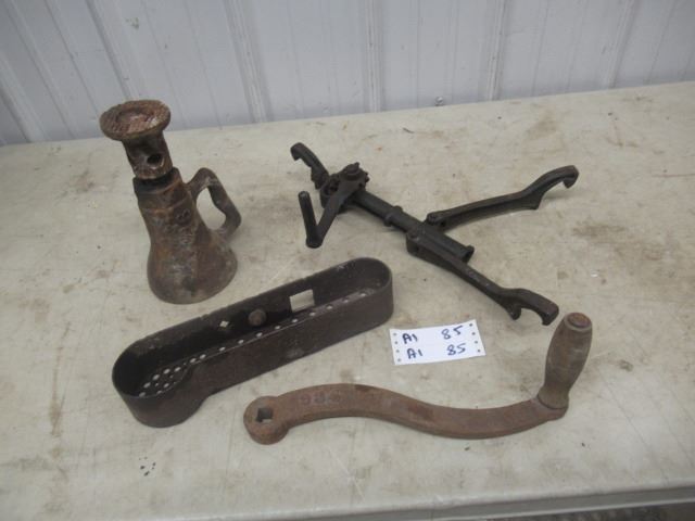 Vintge Items- Atlas Rim Tool, Screw Jack, Cast Implement Tool Box,Handle