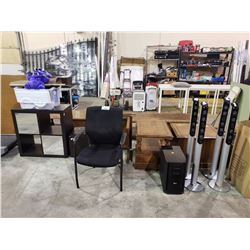 ASSORTED END TABLES, CHAIR, ORGANIZING UNIT, FLOOR SPEAKERS, AMPLIFIER, & MORE