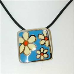 9100 MENEGATTI Silver/Enamel Pendant w/Leather Necklace