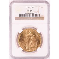 1924 $20 St. Gaudens Double Eagle Gold Coin NGC MS64