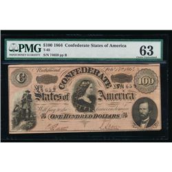 1864 $100 Confederate States of America Note PMG 63