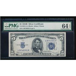1934B $5 Silver Certificate PMG 64EPQ