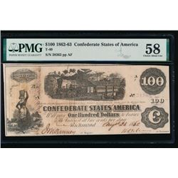 1862-63 $100 Confederate States of America Note PMG 58