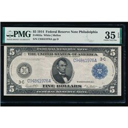 1914 $5 Philadelphia Federal Reserve Note PMG 35EPQ