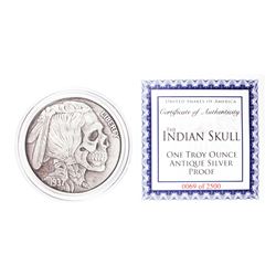 United Snakes of America Indian Skull 1 oz Antique Silver Proof Round w/COA
