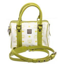 MCM Green & White Visetos Coated Canvas Leather Boston Bag