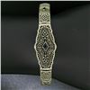 Image 6 : Antique Art Deco 10k White Gold 7" Wide Marquise Filigree & Sapphire Bracelet