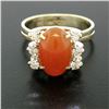 Image 1 : 14K Two Tone Gold Oval Carnelian Solitaire Ring w/ Round Diamond Accents