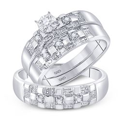 His Hers Round Diamond Solitaire Matching Wedding Set 1/6 Cttw 10kt White Gold - REF-35W5K