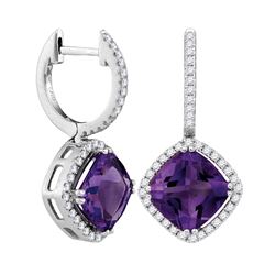Womens Cushion Natural Amethyst Diamond Dangle Earrings 4-1/3 Cttw 14kt White Gold - REF-75X5A