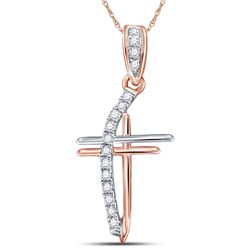 Womens Round Diamond Double Cross Pendant 1/10 Cttw 14kt Rose Gold - REF-7M5H