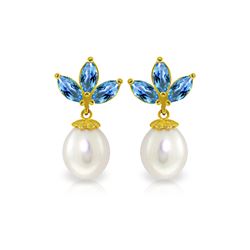 Genuine 9.5 ctw Blue Topaz & Pearl Earrings 14KT Yellow Gold - REF-31T2A