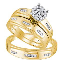 His Hers Round Diamond Cluster Matching Wedding Set 1/3 Cttw 10kt Yellow Gold - REF-35Y5N