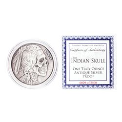 United Snakes of America Indian Skull 1 oz Antique Silver Proof Round w/COA