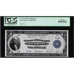 Low Serial 1918 $1 Federal Reserve Bank Note Richmond Fr.721 PCGS Gem New 65PPQ
