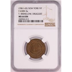 (1861-65) New York NY T. Brimelow Druggist Civil War Token NGC MS64BN
