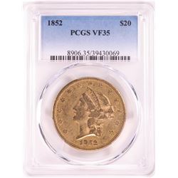 1852 $20 Liberty Head Double Eagle Gold Coin PCGS VF35