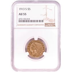 1913-S $5 Indian Head Half Eagle Gold Coin NGC AU55