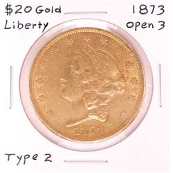 1873 $20 Open 3 Type 2 Liberty Head Double Eagle Gold Coin