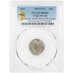 1967 Roosevelt Dime Coin Triple Struck Off Center ERROR PCGS MS64