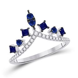 Womens Round Lab-Created Blue Sapphire Chevron Fashion Ring 1 Cttw 14kt White Gold - REF-21A5M