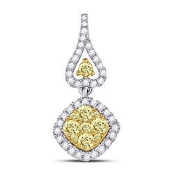 Womens Round Yellow Diamond Diagonal Square Cluster Pendant 3/4 Cttw 14kt White Gold - REF-52F9W