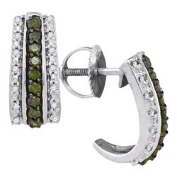 Womens Round Green Color Enhanced Diamond Half J Hoop Earrings 1/3 Cttw 10kt White Gold - REF-19X5A