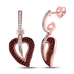 Womens Round Red Color Enhanced Diamond Heart Dangle Earrings 3/8 Cttw 10kt Rose Gold - REF-32Y5N