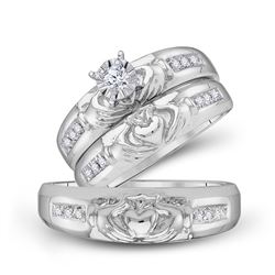 His Hers Round Diamond Claddagh Matching Wedding Set 1/8 Cttw 14kt White Gold - REF-49N5F