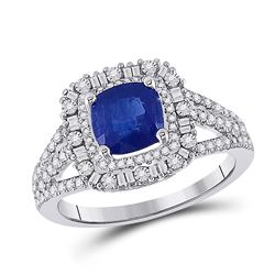 Womens Cushion Blue Sapphire Diamond Halo Ring 2 Cttw 14kt White Gold - REF-68F5W