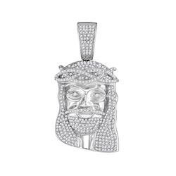 Mens Round Diamond Jesus Face Charm Pendant 1-1/5 Cttw 10kt White Gold - REF-69X9A