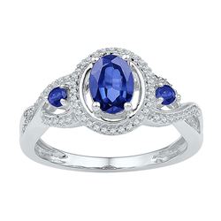Womens Oval Lab-Created Blue Sapphire 3-stone Ring 1-1/2 Cttw 10kt White Gold - REF-21R5X