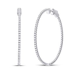 Womens Round Diamond Inside-Outside Hoop Earrings 3-1/3 Cttw 14kt White Gold - REF-219W5K